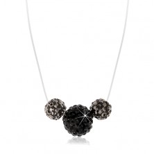 Náhrdelník s černou a šedými kuličkami s krystalky, průsvitné lanko, zapínání stříbro 925