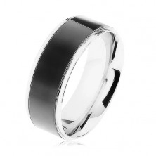 Ocelový prsten, černý pruh, lemy stříbrné barvy, vysoký lesk