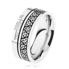 Lesklý prsten, ocel 316L, vzor - keltský uzel, lemy stříbrné barvy