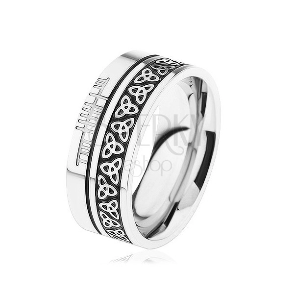 Lesklý prsten, ocel 316L, vzor - keltský uzel, lemy stříbrné barvy