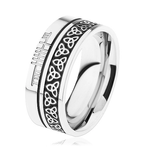 Lesklý prsten, ocel 316L, vzor - keltský uzel, lemy stříbrné barvy - Velikost: 57
