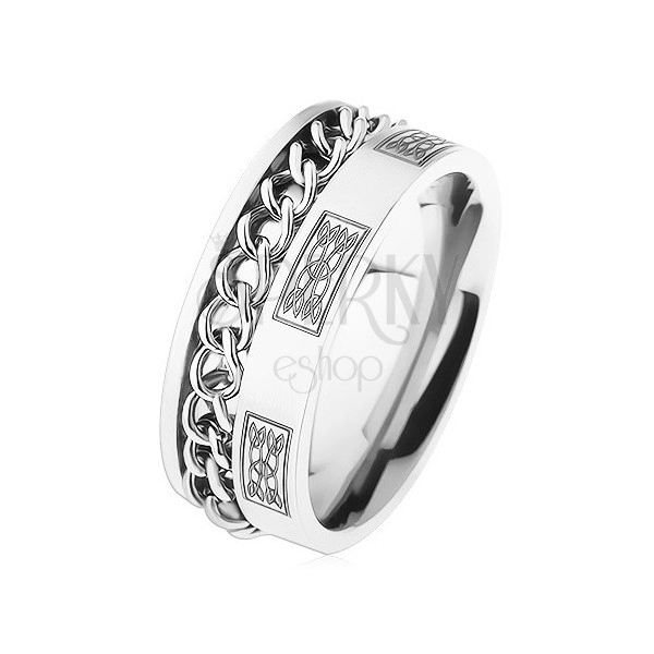 Ocelový prsten s řetízkem, stříbrná barva, ornamenty