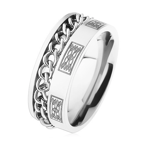 Ocelový prsten s řetízkem, stříbrná barva, ornamenty - Velikost: 70