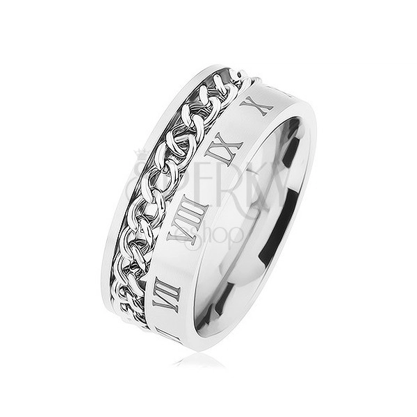 Prsten z oceli 316L, stříbrná barva, řetízek, vzor - římské číslice