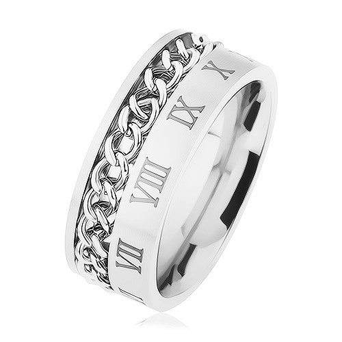Prsten z oceli 316L, stříbrná barva, řetízek, vzor - římské číslice - Velikost: 62