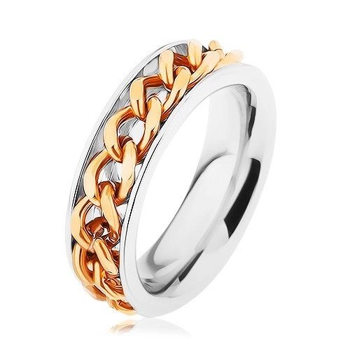 Ocelový prsten, řetízek zlaté barvy, zrcadlový lesk - Velikost: 51