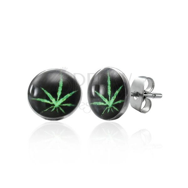 Puzetové ocelové náušnice, zelená marihuana na černém podkladu