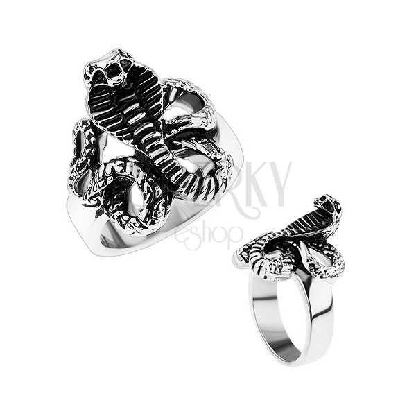 Mohutný ocelový prsten, lesklá ramena, patinovaný had - kobra