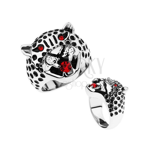 Masivní prsten, ocel 316L, hlava leoparda, červené zirkony