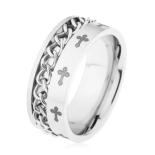 Prsten z oceli 316L stříbrné barvy, řetízek, liliové kříže - Velikost: 67