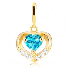 Zlatý přívěsek 585 - zirkonový obrys srdce, modrý srdíčkový topas