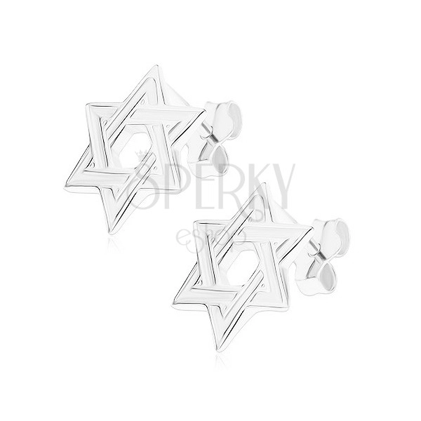 Puzetové náušnice, stříbro 925, plochá šesticípá hvězda, lesklé okraje