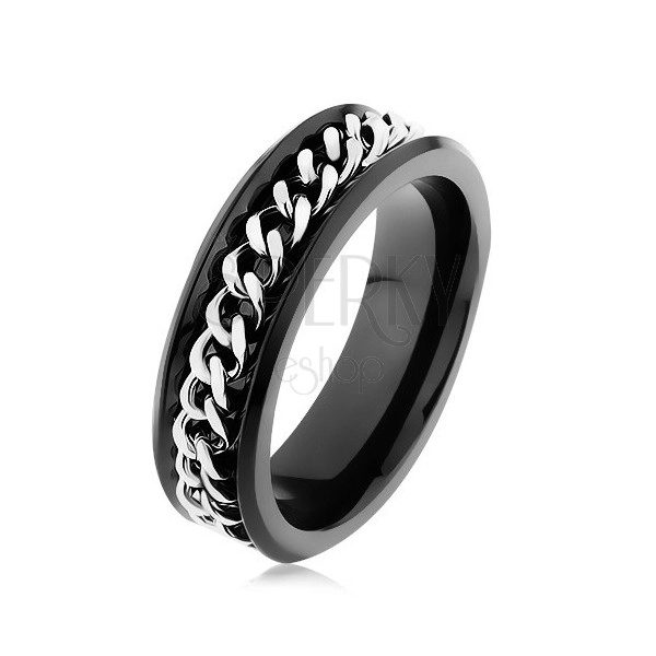 Lesklý černý prsten z oceli 316L, řetízek ve stříbrném odstínu