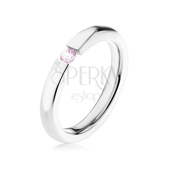 Ocelový prsten, lesklá ramena, světle růžový zirkon, 3 mm
