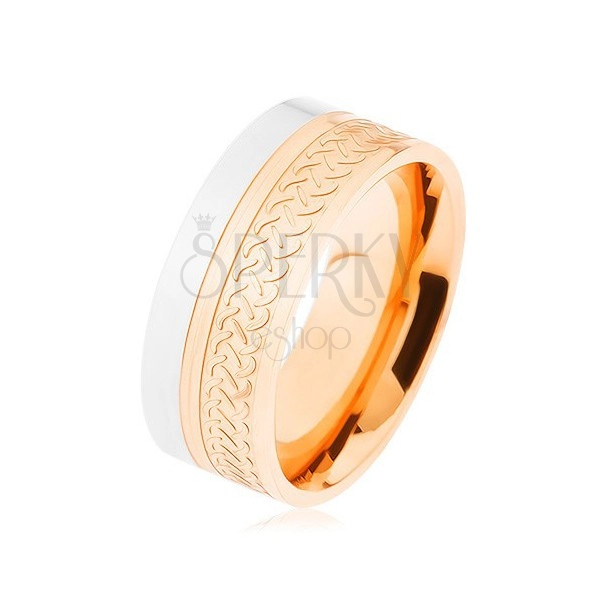Lesklý prsten, ocel 316L, dvoubarevné provedení, keltský vzor