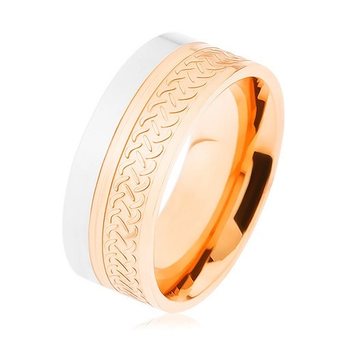 Lesklý prsten, ocel 316L, dvoubarevné provedení, keltský vzor - Velikost: 67