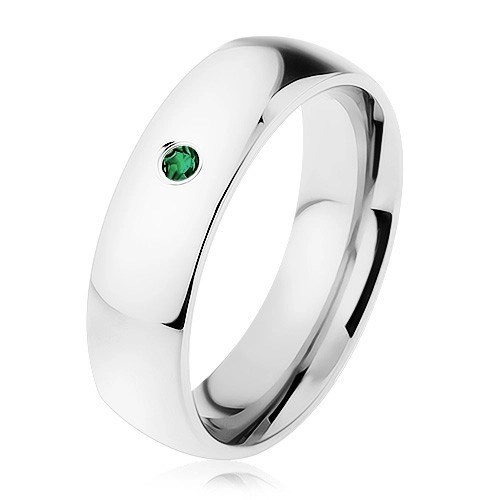 Zrcadlově lesklý prsten z oceli, stříbrná barva, drobný tmavě zelený zirkon - Velikost: 54