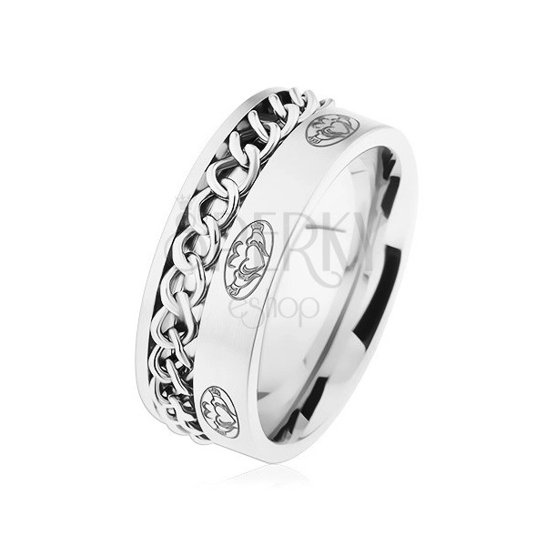 Ocelový prsten, řetízek, stříbrná barva, matný povrch, ornamenty