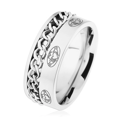 Ocelový prsten, řetízek, stříbrná barva, matný povrch, ornamenty - Velikost: 67