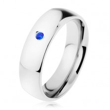 Prsten, ocel 316L, stříbrný odstín, zrcadlový lesk, modrý zirkonek