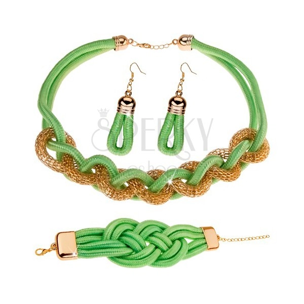 Set náušnic, náhrdelníku a náramku, pletená šňůrka, pistáciově zelená