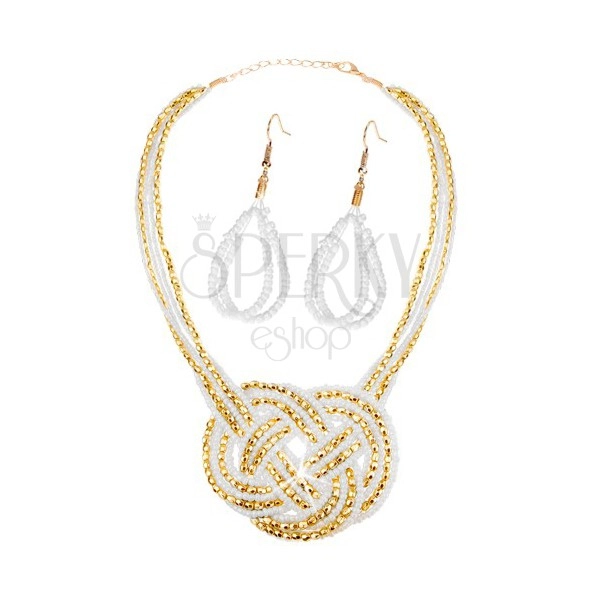 Sada - náušnice a náhrdelník, korálky - zlatá a bílá barva, pletený ornament