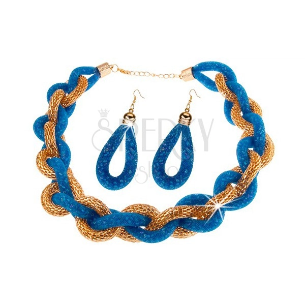 Set - náhrdelník a náušnice, tlustý pletený řetízek, modrá síťka s korálky