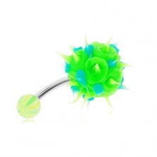 Ocelový piercing do bříška, zeleno-modrý silikonový ježek