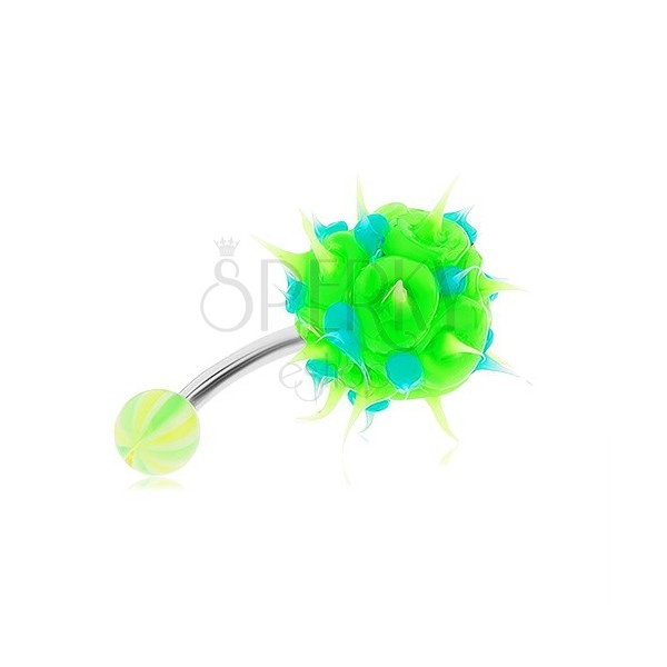 Ocelový piercing do bříška, zeleno-modrý silikonový ježek