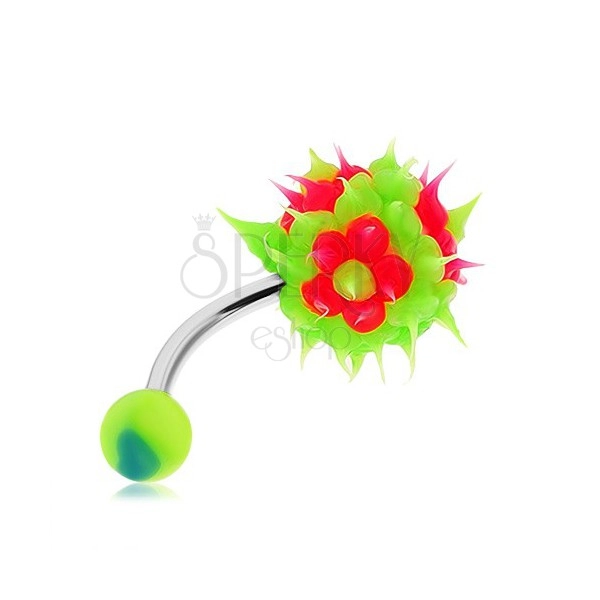 Ocelový piercing do pupíku, zelená střapatá kulička ze silikonu, růžové květy