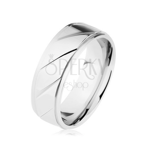 Prsten z oceli 316L, vyvýšený pás zdobený šikmými zářezy, stříbrná barva