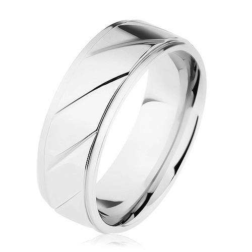 Prsten z oceli 316L, vyvýšený pás zdobený šikmými zářezy, stříbrná barva - Velikost: 67