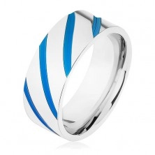 Ocelový prsten stříbrné barvy, diagonální pásy, modrá glazura