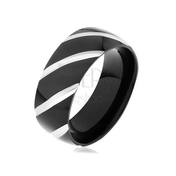 Černý ocelový prsten, lesklý povrch zdobený šikmými zářezy
