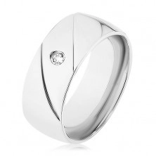 Prsten z oceli 316L, stříbrná barva, dva diagonální zářezy, čirý zirkonek