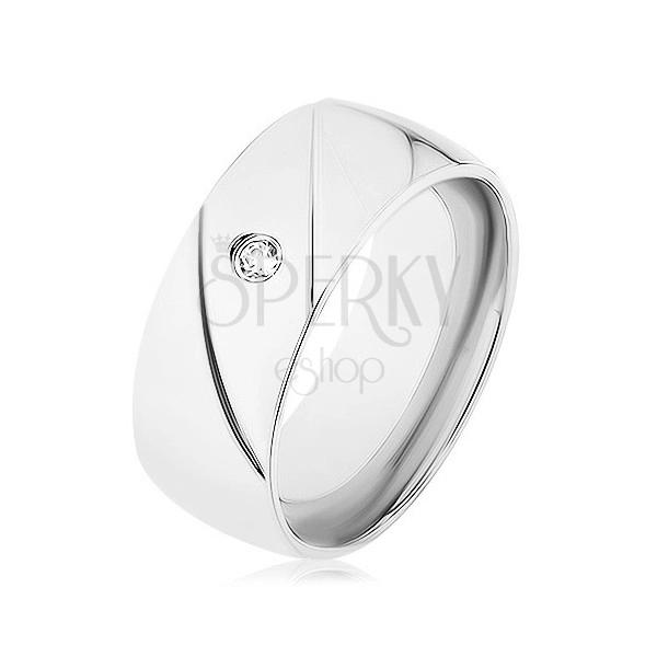 Prsten z oceli 316L, stříbrná barva, dva diagonální zářezy, čirý zirkonek