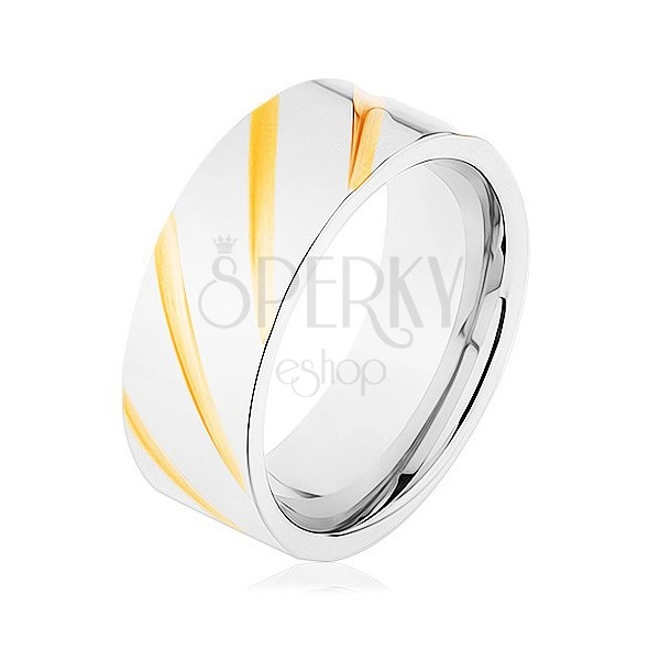 Prsten z oceli 316L, povrch stříbrné barvy, šikmé rýhy ve zlatém odstínu