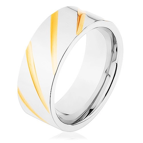 Prsten z oceli 316L, povrch stříbrné barvy, šikmé rýhy ve zlatém odstínu - Velikost: 70