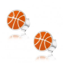 Stříbrné náušnice 925, basketbalový míč s oranžovou glazurou, puzetky
