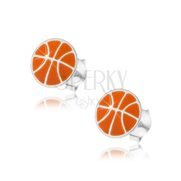 Stříbrné náušnice 925, basketbalový míč s oranžovou glazurou, puzetky