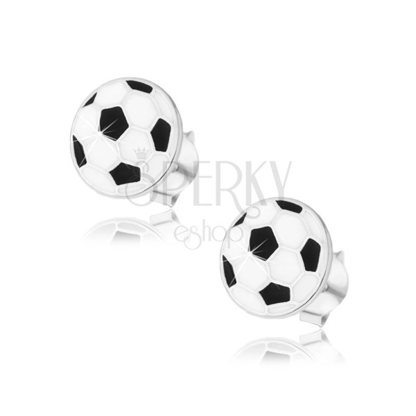 Stříbrné náušnice 925, plochý fotbalový míč, černá a bílá glazura