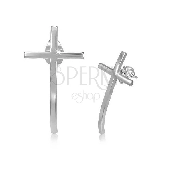 Puzetové náušnice, ocel 316L, stříbrná barva, kříž s ohnutým ramenem