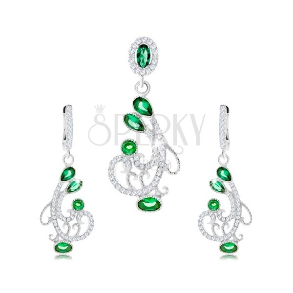 Set náušnic a přívěsku, stříbro 925, ornament - spirály, čiré a zelené zirkony
