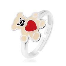 Stříbrný prsten 925, medvídek zdobený krémovou glazurou a červeným srdcem