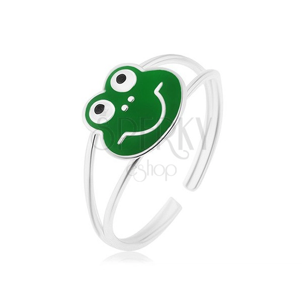Prsten ze stříbra 925, rozdělená lesklá ramena, veselá žabka, zelená glazura