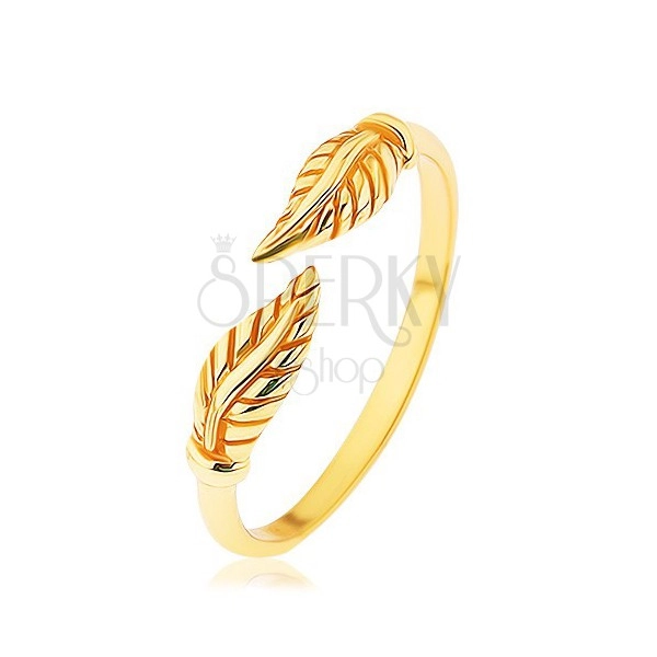 Stříbrný prsten 925 zlaté barvy, oddělené gravírované lístky, lesklá ramena