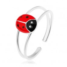 Prsten ze stříbra 925, rozdvojená ramena, červená puntíkovaná beruška