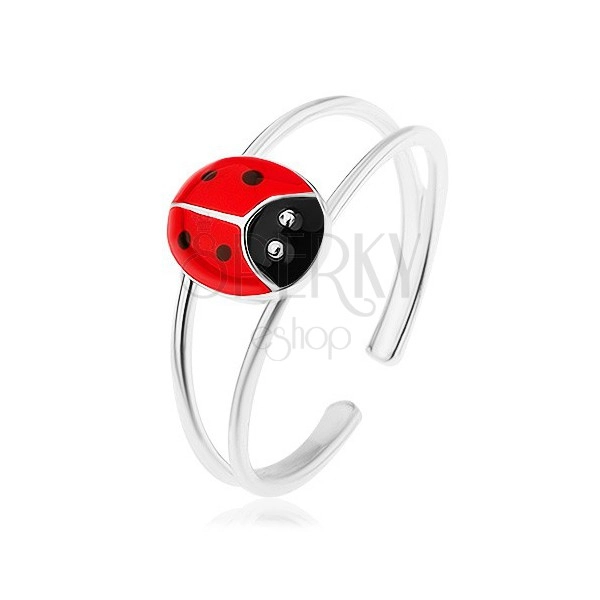 Prsten ze stříbra 925, rozdvojená ramena, červená puntíkovaná beruška