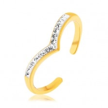 Stříbrný prsten 925 zlaté barvy, špičatá linie s bílou glazurou, čiré zirkony