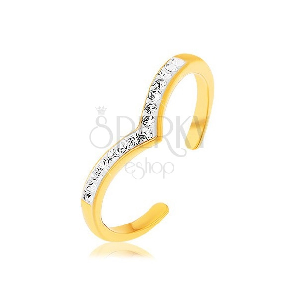 Stříbrný prsten 925 zlaté barvy, špičatá linie s bílou glazurou, čiré zirkony